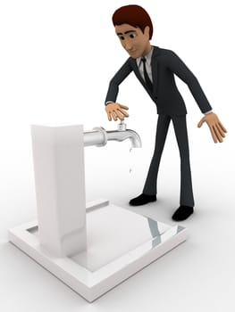 3d man trying to open public tap concept  on white isolated background , side angle view 