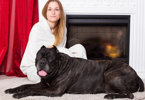 girl wrapped in a blanket sits near the fireplace with a dog Cane Corso