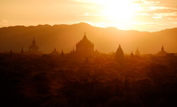 Beautiful sunset landscape view with ancient temples at Bagan, Myanmar