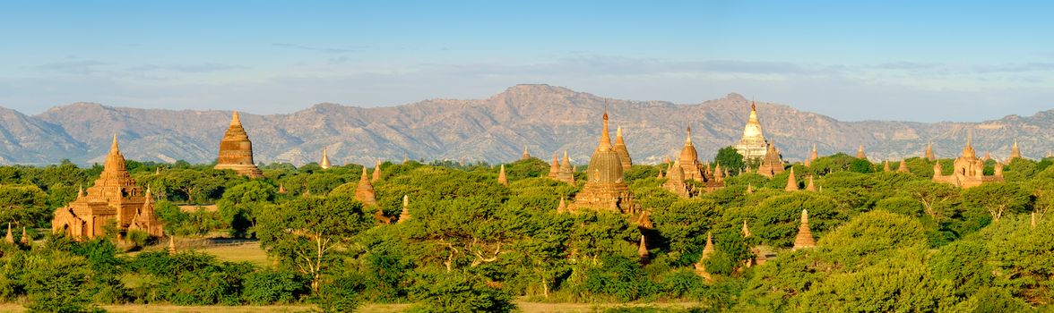 Panoramic landscape view of beautiful sunrise with ancient temples at Bagan, Myanmar