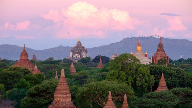 Landscape view of dramatic sunrise with ancient temples, Bagan, Myanmar