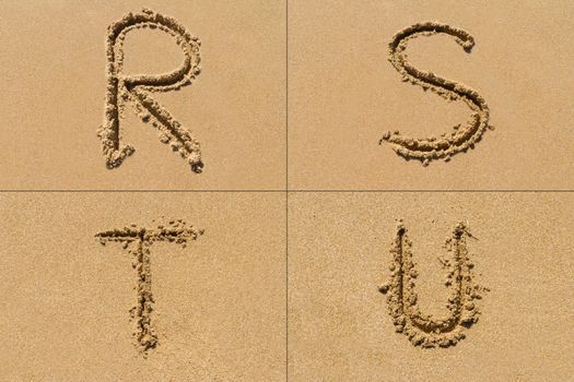 Conceptual set of R S T U letter of the alphabet written on sand with upper case.