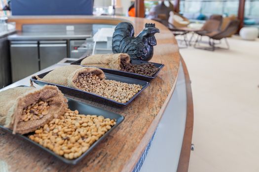 sack of coffee grains on table