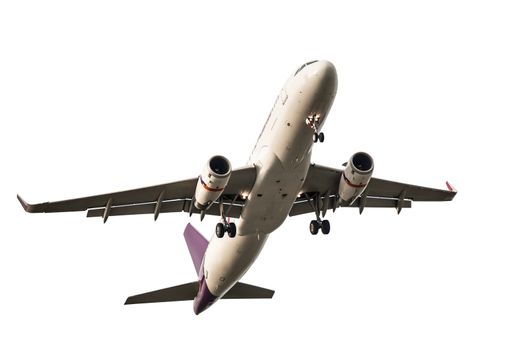 Passenger business airplane take off and flying on white background, use for air transport, journey and travel concept