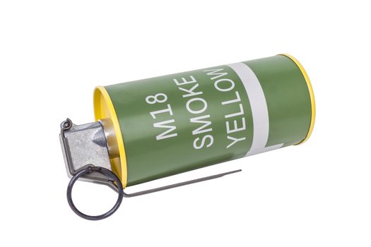 M18 Smoke Yellow explosive model, weapon army,standard timed fuze hand grenade on white background