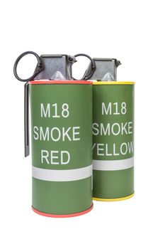 M18 Smoke Red and Yellow explosive model, weapon army,standard timed fuze hand grenade on white background