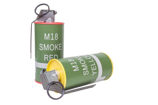 M18 Smoke Red and Yellow explosive model, weapon army,standard timed fuze hand grenade on white background