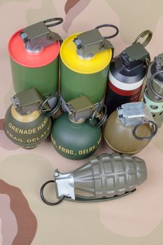 All explosives, weapon army,standard time fuze, hand grenade on camouflage background, top view