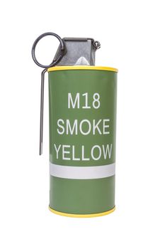 M18 Smoke Yellow explosive model, weapon army,standard timed fuze hand grenade on white background