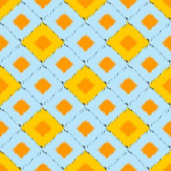 Seamless ikat pattern in yellow and blue colors. Vector tribal background