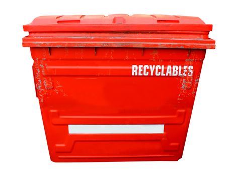 Red industrial recycling bin on a white background.