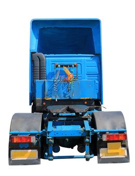 Rear view of a semi-truck viewed from the rear with a white background.