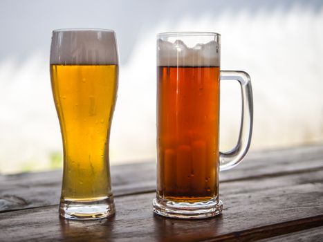 Two different beer drings in a beer mug and glass, light and dark, barley and wheat