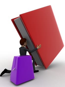 3d man with big book and school bag concept on white background, front angle view