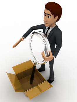 3d man take magnifying glass from box concept on white background, side angle view