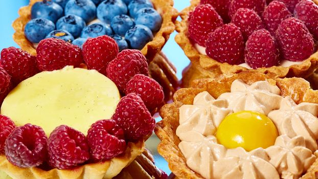 fruit tartlets with raspberries and blueberries. with copy space