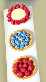 fruit tartlets with raspberries and blueberries. with copy space