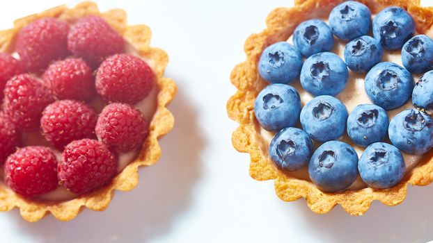 fruit tartlets with raspberries and blueberries. with copy space