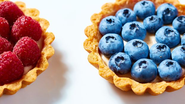 fruit tartlets with raspberries and blueberries. with copy space