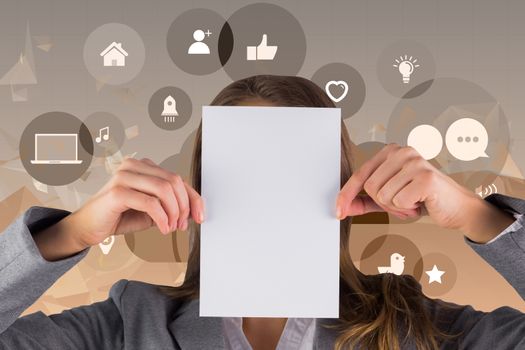 Businesswoman showing a card against beige abstract design