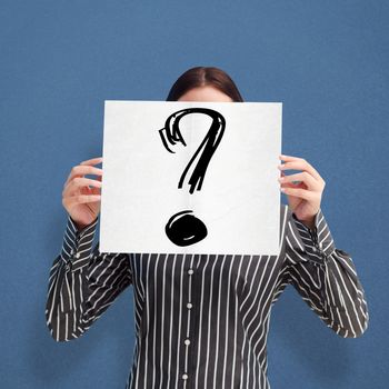 Businesswoman showing a white card in front of her face against blue background