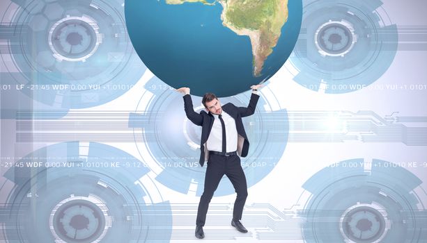 Businessman carrying the world against technology wheel background