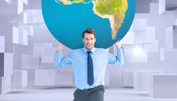 Businessman carrying the world against abstract white room