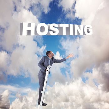 Businessman climbing up ladder against blue sky with white clouds