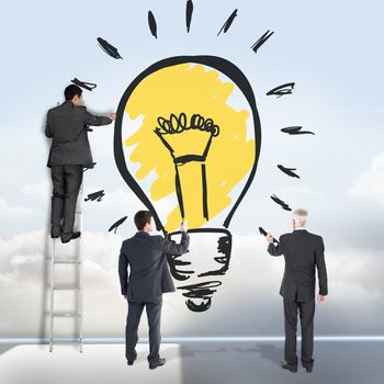 Business team writing against clouds in a room