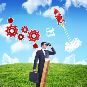 Businessman looking on a ladder against blue sky over green field