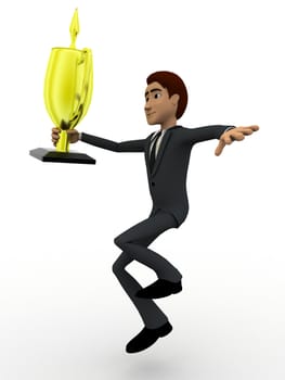 3d man holding golden award cup concept on white background, side angle view