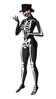 3D digital render of a young woman wearing a skeleton costume for Halloween party isolated on white background