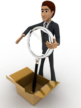 3d man take magnifying glass from box concept on white background, front angle view