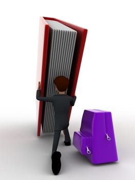 3d man with big book and school bag concept on white background, side angle view