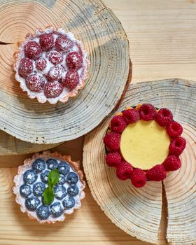 fruit tartlets with raspberries and blueberries. with copy space