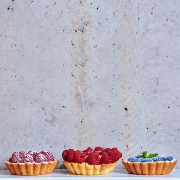 fruit tartlets with raspberries and blueberries. with copy space