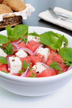 Healthy Fresh Organic Watermelon Salad with Mint and feta cheese