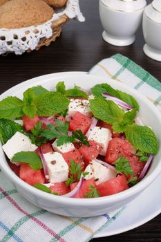 Healthy Fresh Organic Watermelon Salad with Mint and feta cheese