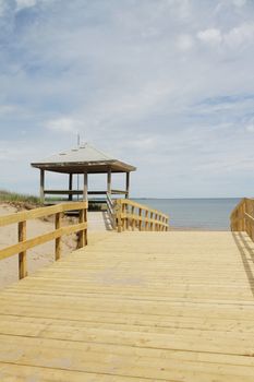 Path leading to beach and a gazebo in Parlee Beach Provincial Park, New Brunswick, Canada