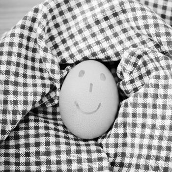 smile love egg couple in brown kitchen towel on wood table black and white color tone style