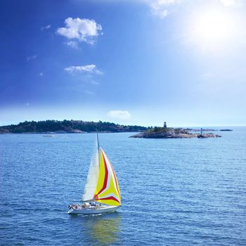 Vacation conceptual image. Boat sailing on the sea.