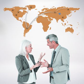 businesswoman angry against her colleague arguing against world map with lines