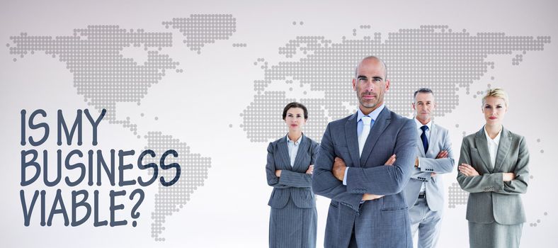 Business colleagues smiling at camera against orange world map on white background