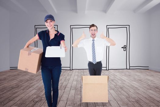 Happy delivery woman holding cardboard box and clipboard against doodle doors in room
