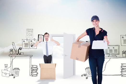 Happy delivery woman holding cardboard box and clipboard against doodle office in clouds with door