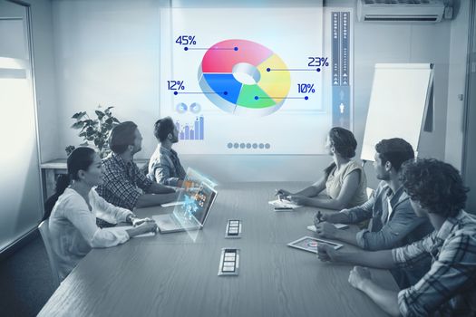 Percentages graphical representation against attentive business team following a presentation