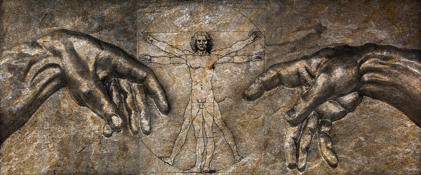 Vitruvian Man -  by Leonardo da Vinci circa 1487.   The hands from the Creation of Adam by Michelangelo, circa 1511 to 1512.