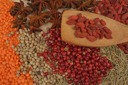 different spices on wooden background. close up