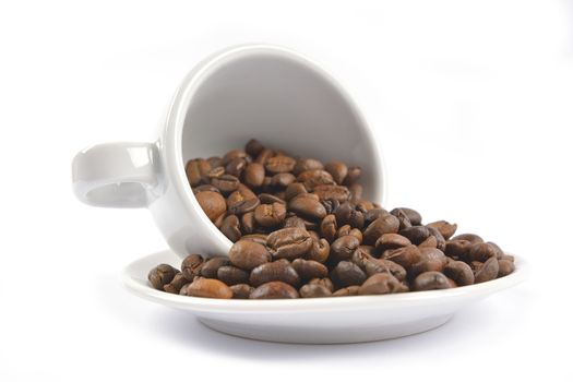 white coffee cup and beans on white background