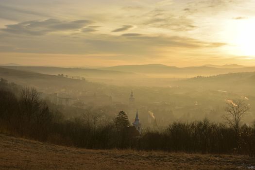 autumn sunrise over village